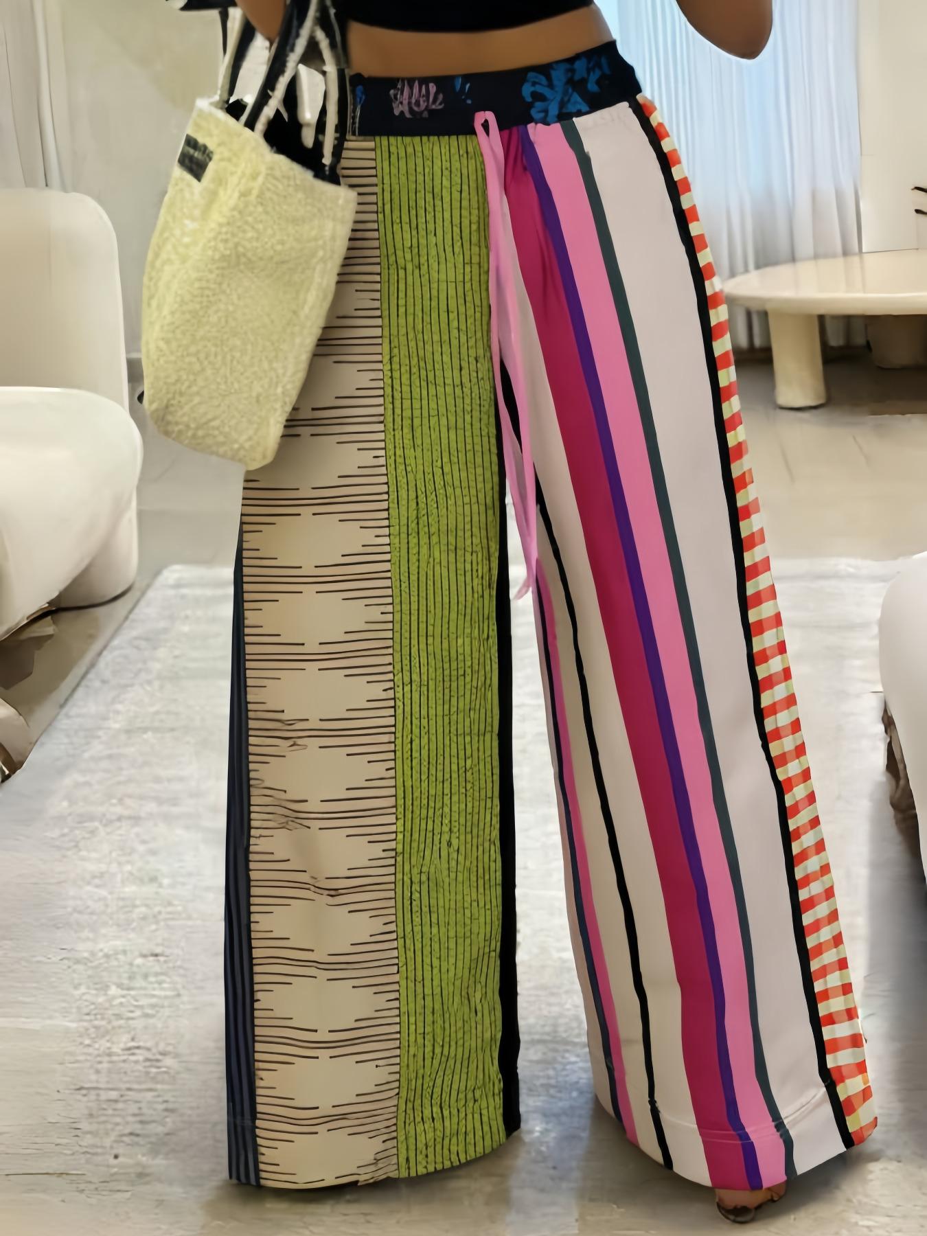 Women's Loose Striped Woven Pants, Colorful Patchwork Drawstring Wide Leg Jeans, Casual Fashion for Spring & Fall, Comfortable Fit