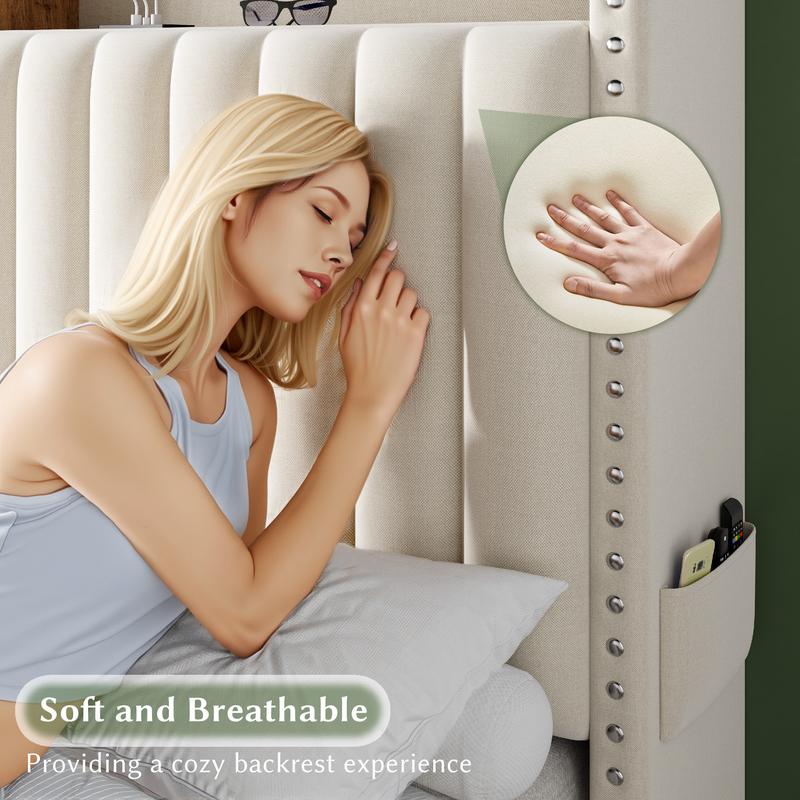 Luxury King/Queen/Full Bed Frame with Storage Shelf & 2 Drawers,NO MATTRESS, Upholstered Bed Frame with LED &Power Outlet, Holds 1000lbs, No Noise, Metal Frame & Wood Slats