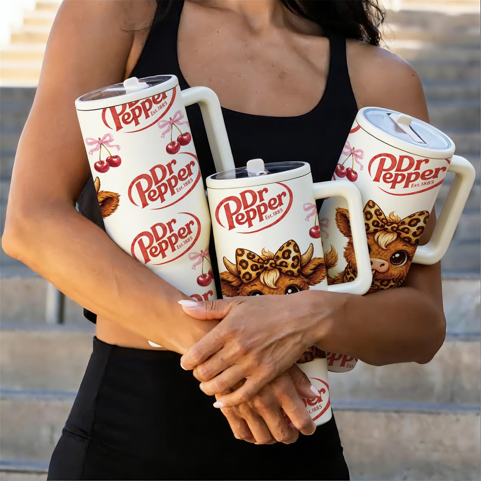 1pc 40oz Insulated Tumbler with Handle, Cow Drinking Soda Graphic Travel Mug, Stainless Steel Tumbler with Lid and Straw, Stainless Steel Thermos, Vacuum Insulated Hot Cold Cup for Coffee Tea Water, Birthday Gift Idea, Daily Use Drinkware