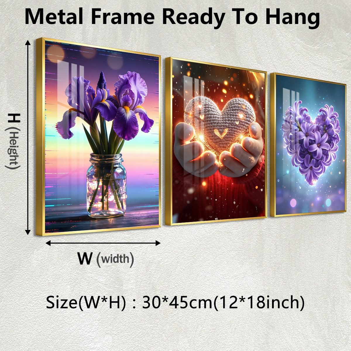 3 Counts Aluminum Alloy Framed Painting, Purple Irises And Glowing Heart Flower Art Pictures, Home Decoration For Living Room, Bedroom, Office, Restaurant, Hallway Wall Decor, Odorless Print Artwork, Luxury Perfect Gift For Friends And Family