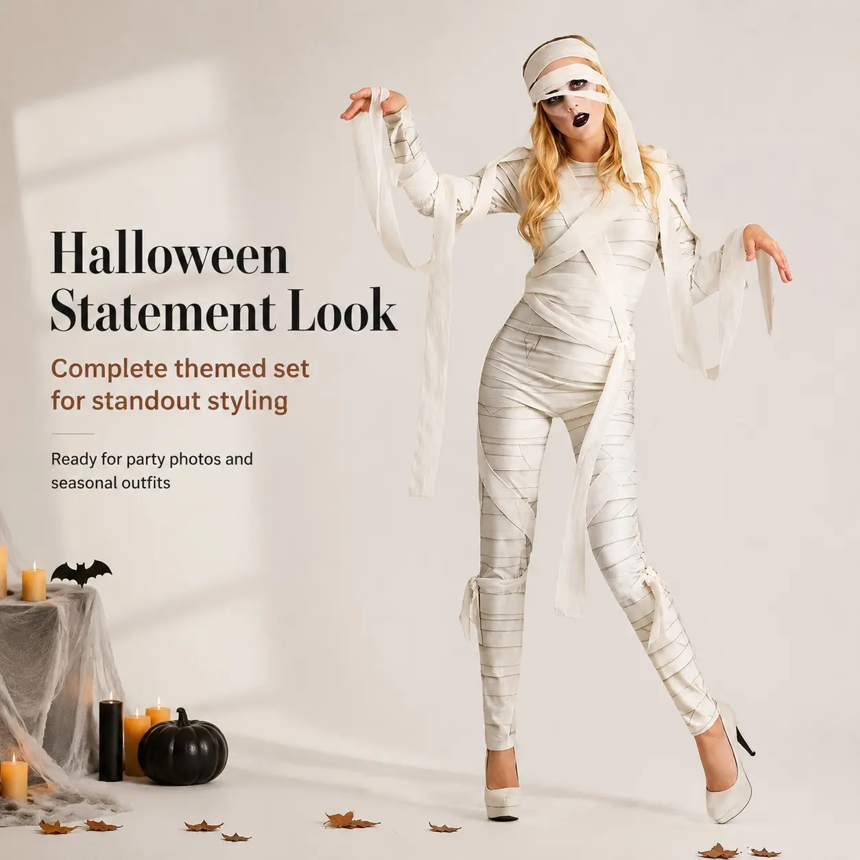 Mom & Daughter Mummy Matching Costume, Halloween Family Cosplay Jumpsuit with Bandages