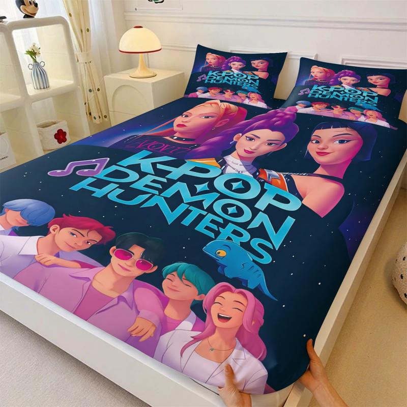 K-Pop Demon Hunters Fitted Sheet Set, Decorative Bedsheet Sets, 1 Fitted Sheet and 2 Pillowcases Without Inner Core, Fashionable Girl Group and Star Magic Element Bedding, Soft Breathable Fabric, Ideal for Bedroom and Dormitory Use #TOP PICKS