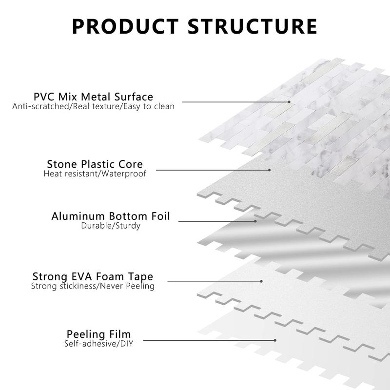STICKGOO 10 Sheets Peel and Stick Backsplash, PVC Wall Tiles Stick on Backsplash for Kitchen - White Marble with Metal Silver STICKGOO 10 Sheets Peel and Stick Backsplash, PVC Wall Tiles Stick on Backsplash for Kitchen - White Marble with Metal Silver