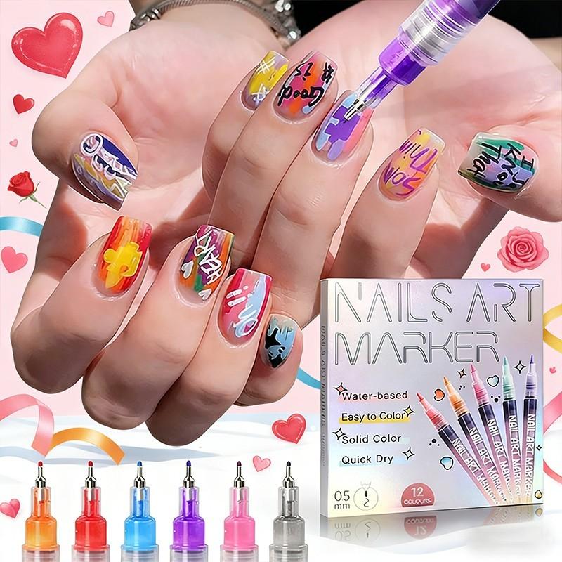 12-Color Nail Art Markers with Ultra-Fine Tips, Ideal for DIY Nail Designs, Creating Patterns & Flowers, Essential for Salons & Home Use