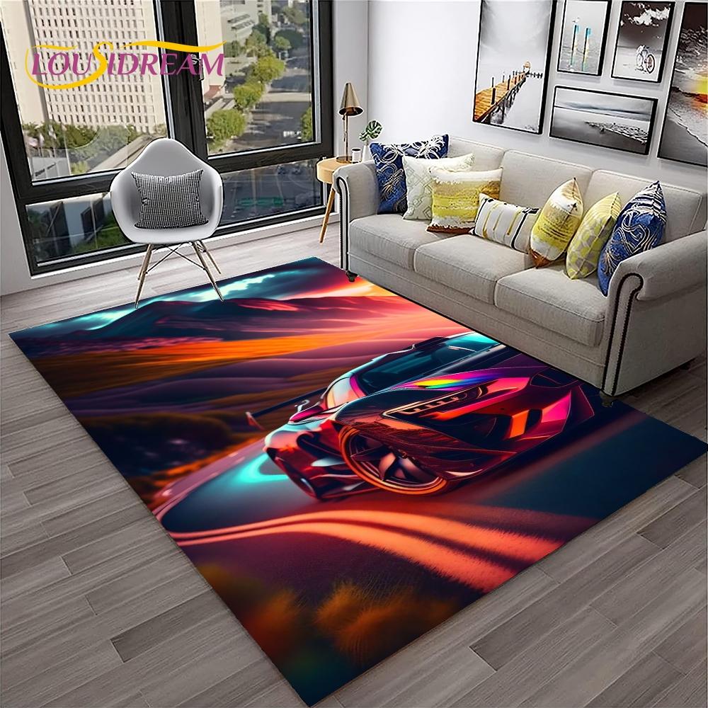 Blue Sports Car Flannel Area Rug - Cool Graffiti Style Supercar Print Soft Mat for Living Room & Garage, Non-Slip Car Enthusiast Home Decor#SportsCarRug #GraffitiSupercarMat #CarEnthusiastDecor #GarageCarpet #NonSlipFlannelRug