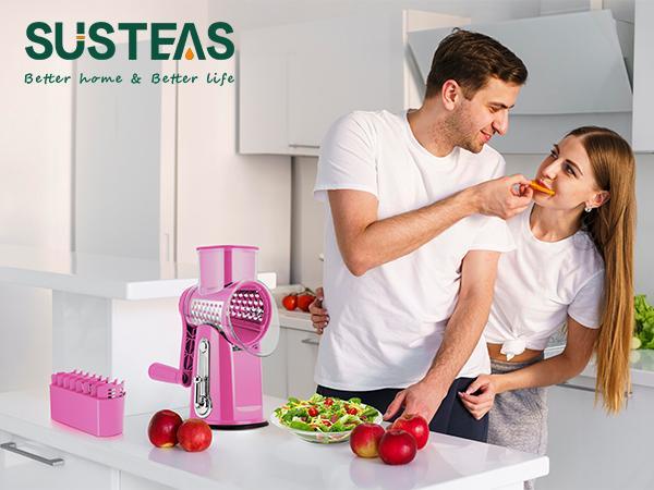 Susteas Pink Rotary Vegetable Chopper – 5 Sharp Stainless Steel Blades for Fast Slicing, Dicing & Grating! BPA-Free, Effortless Operation Manual Cheese Shredder Kitchen Utensils