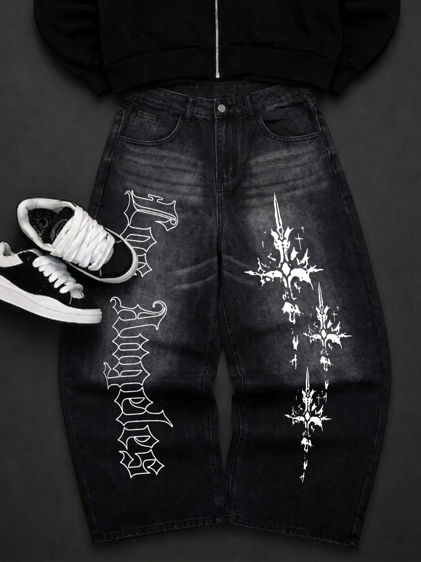 Men's Street Style Loose-Fit Jeans with Hollow Out Letter Cross Print, Zipper Fly, All-Season, Perfect for Back-To-School and Teacher's Day