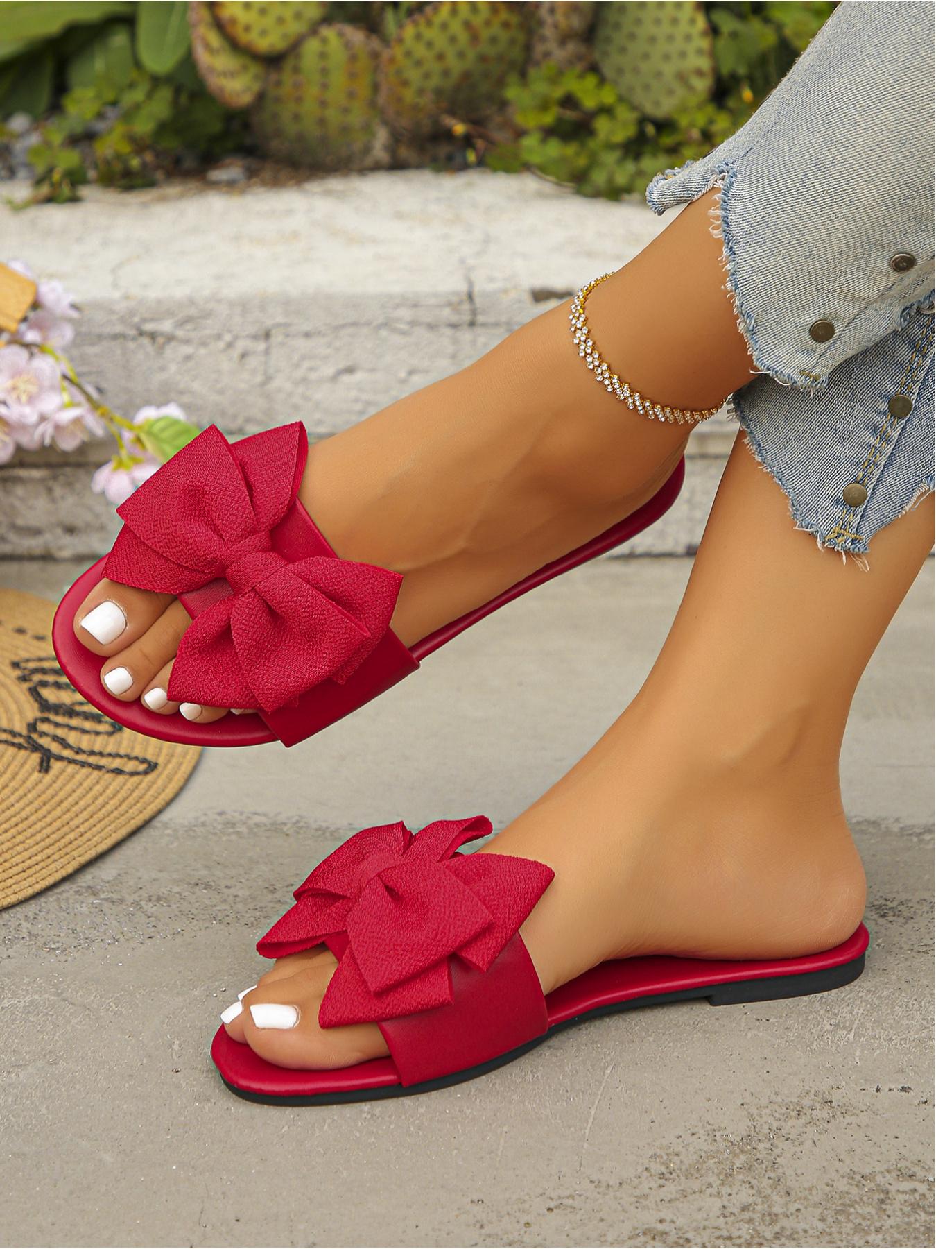 2026 Summer New Bow - decorated Flat Sandals, Multi - color (Green/Brown/Black/Yellow/Red/Orange/White) Square - toe Open - toe Soft - sole Women's Slides, Versatile for Daily Streetwear/Vacation/Home