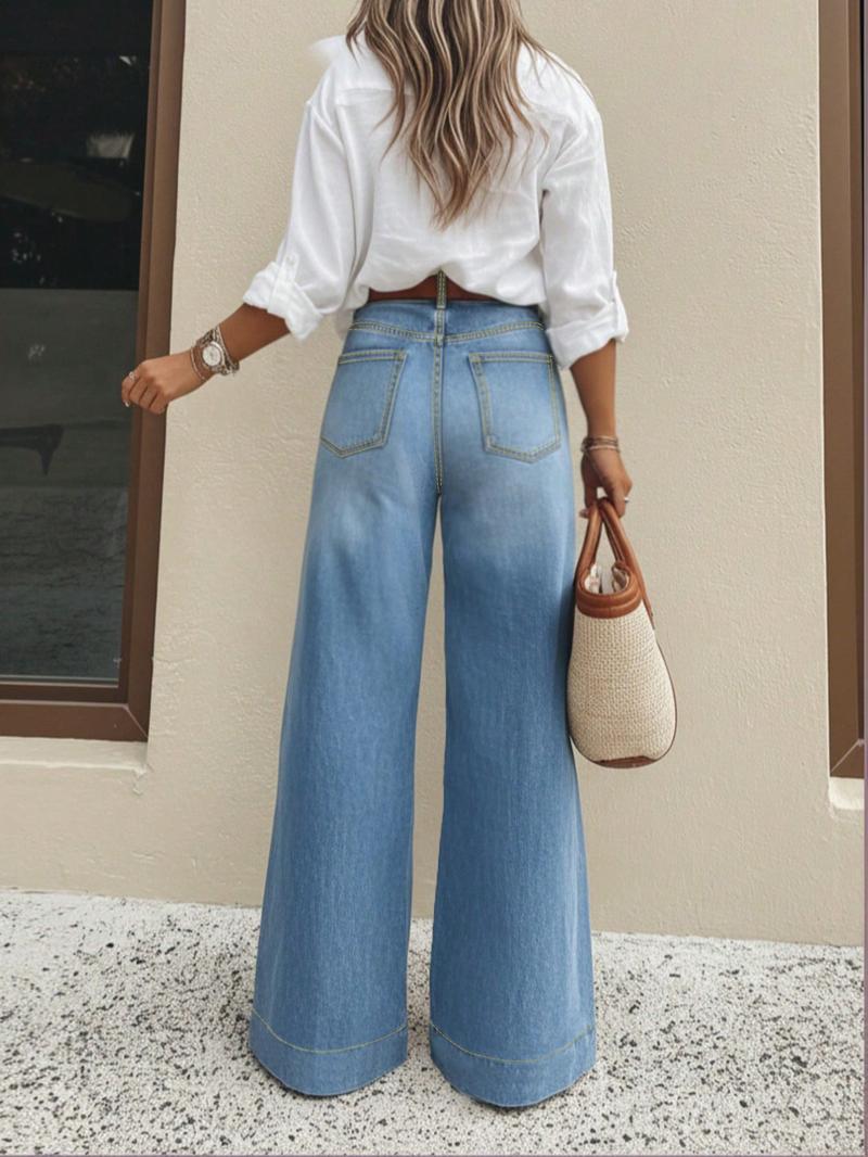 Women's Fashion Denim Jeans, Trendy Comfortable Wide Leg Elastic Soft Quality Women's Long Pants, Elegant All Seasons Fitted Style