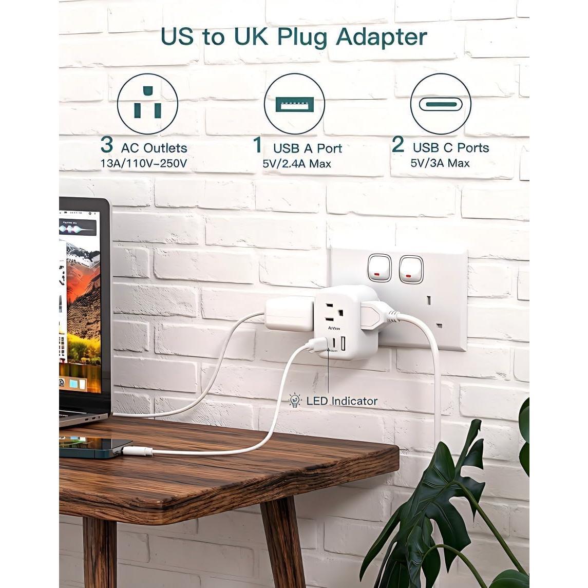to UK Ireland Travel Plug Adapter, Type G Power Plug Adapter with 3 Outlets 3 USB Ports(2 USB C), UK Adapters for Travel for  to Dubai England London Scotland  Kenya Irish Hongkong