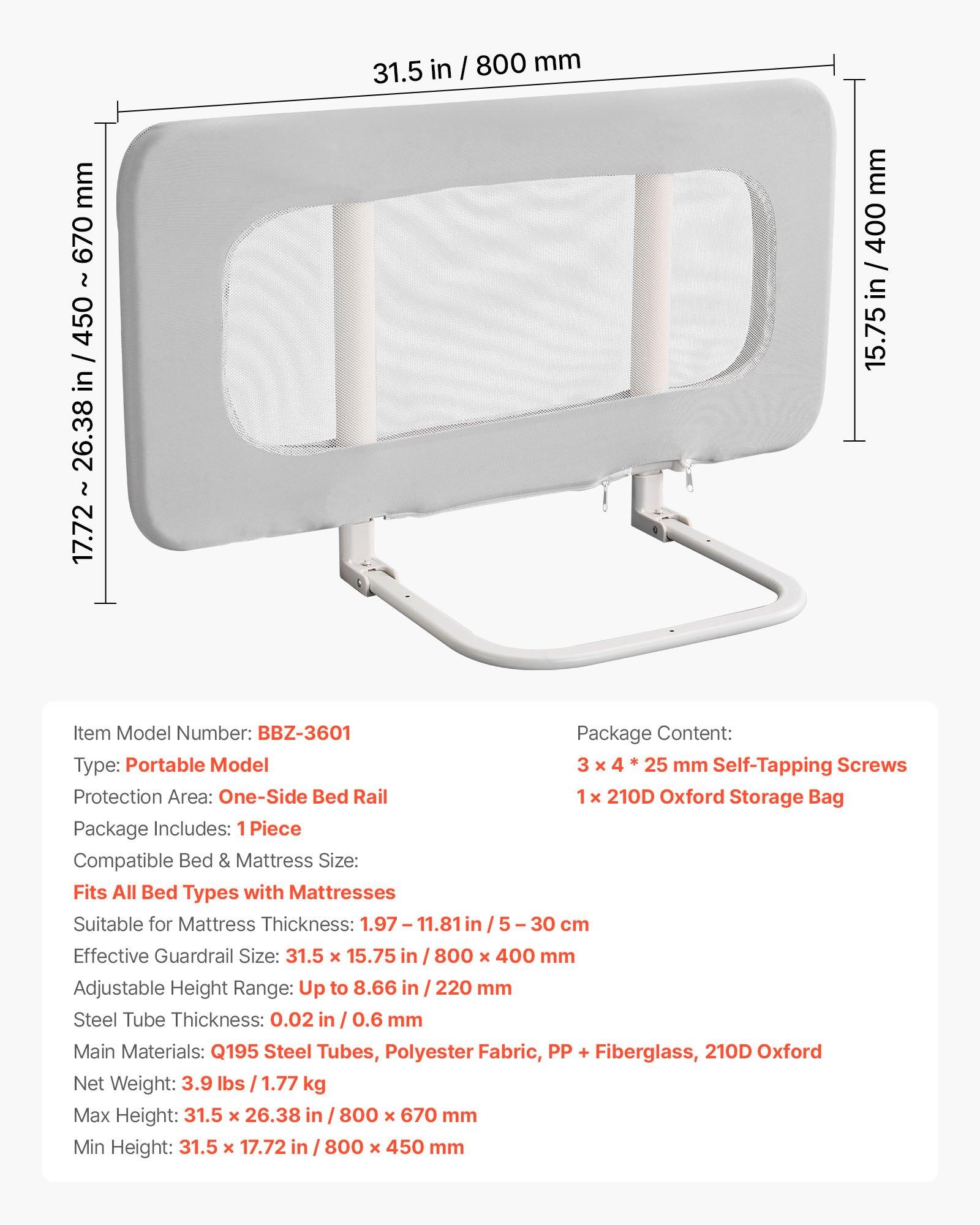【DealsForYouDays】VEVOR Toddler Bed Rail, Kids Beds Guard Rail with Reinforced Iron Pipe and Oxford Cloth, Adjustable Height Bed Side Railing, Portable Guard Bumper Barrier for Crib, Bunk, 31.5 x 26.38 in, 1 Piece