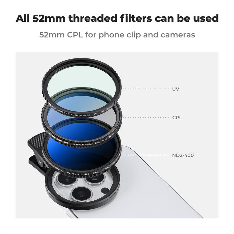 [K&F CONCEPT]52mm Clip-on CPL Phone Camera Lens Filter Kit, Circular Polarizer Polarizing Filter Compatible with iPhone,Smartphone Accessories multifunctional