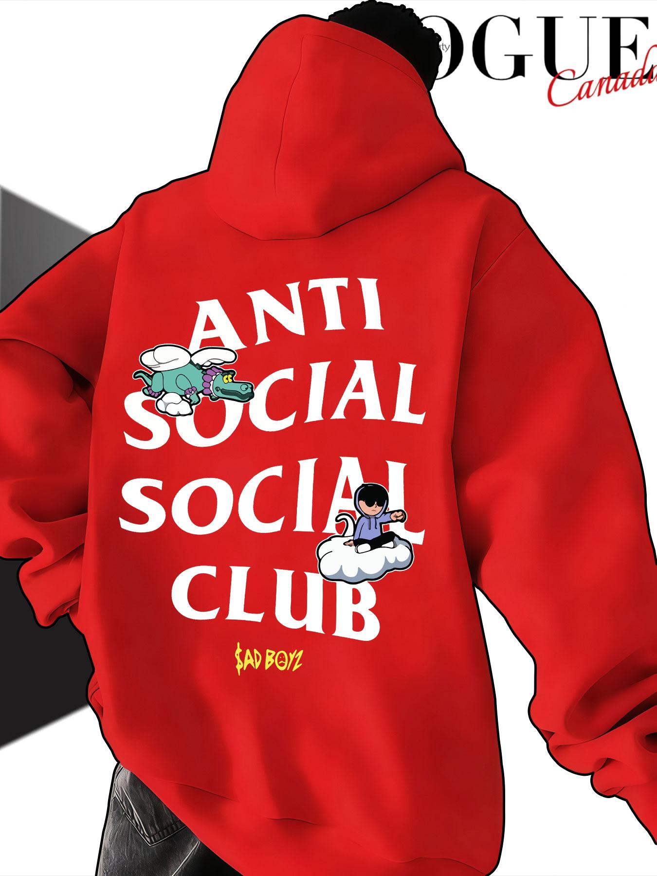 Men's Hooded Sweatshirt Fall Anti Social Social Club Cartoon Print, Casual Loose-Fit Streetwear, Trendy Drop Shoulder Top