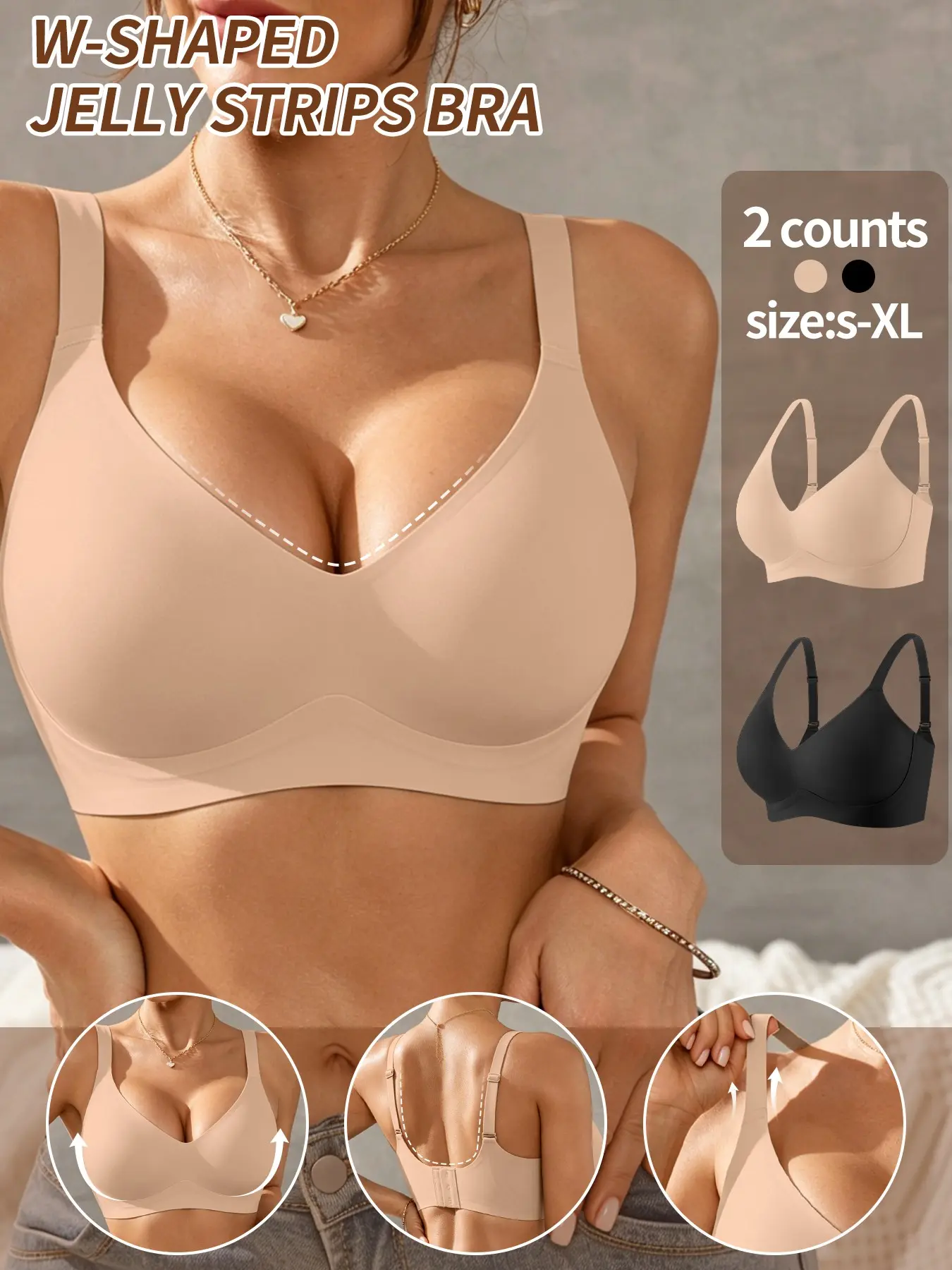 1/2 Pack Jelly Bra Basic Without Underwire for Women, Simple and Comfortable Adjustable Push-Up Bralettes Seamless Tshirts Bras Deep V Daily Bras Wireless Everyday