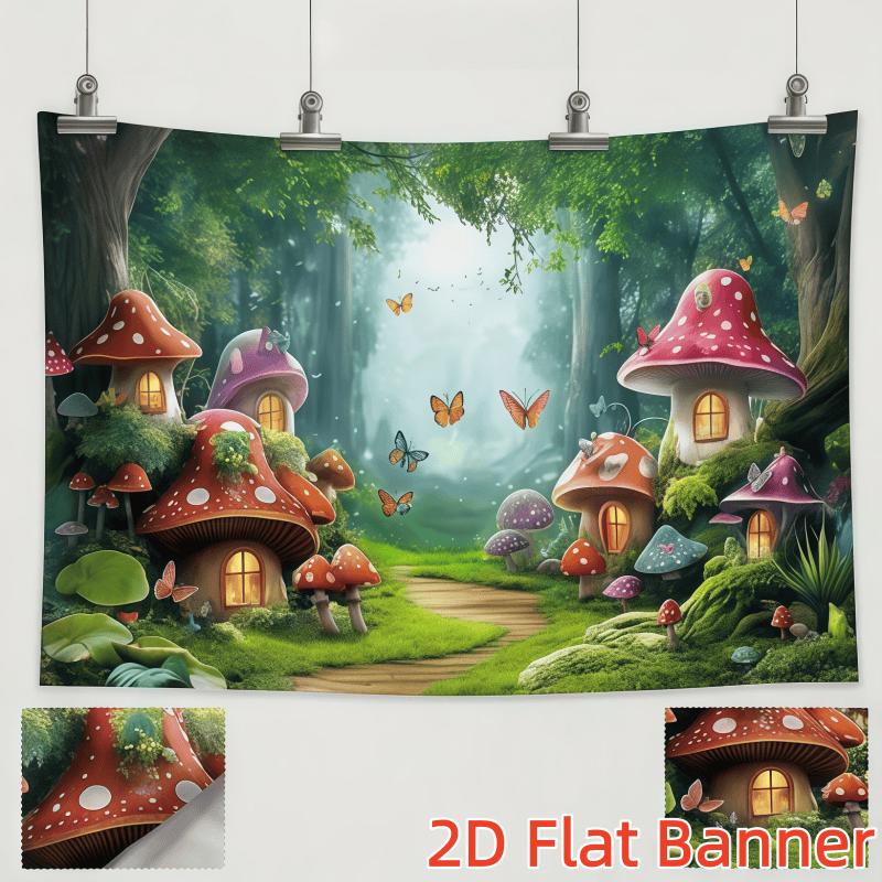 1PC,2D Flat Customize Backdrop Fantasy Forest Mushroom House Decorative Backdrop, Fairy - tale Style with Butterflies and Green Plants Scene, for Festival Party, Birthday and Photography, a Decorat