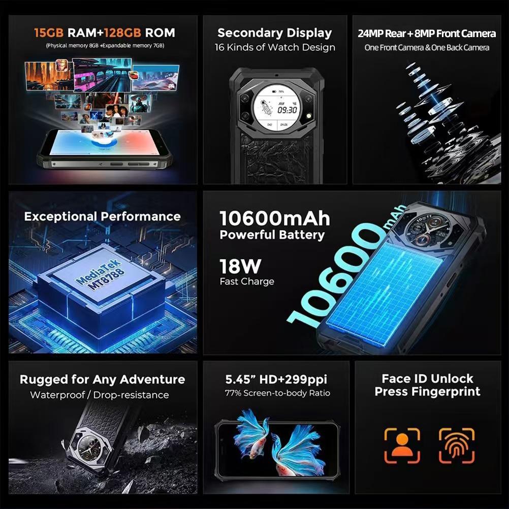 FOSSIBOT F101Pro Rugged Smartphone, 10600mAh Battery Cell Phone, 5.45" Screen, 8GB+7GB RAM, 128GB ROM, 24MP Camera, IP68 Waterproof, Drop-resistance 4G Smart Phone, Cool Gadgets for Men