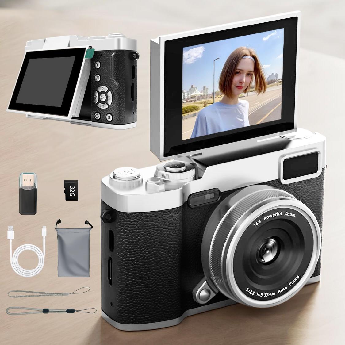 Flip Screen Retro Camera for Teens, Point and Shoot Digital Cameras, Pocket Digital Camera with Filters, Y2K Vintage Camera, Entry-Level Digital Camera with Memory Card, Gift for Christmas, New Year, Portable Travel Camera