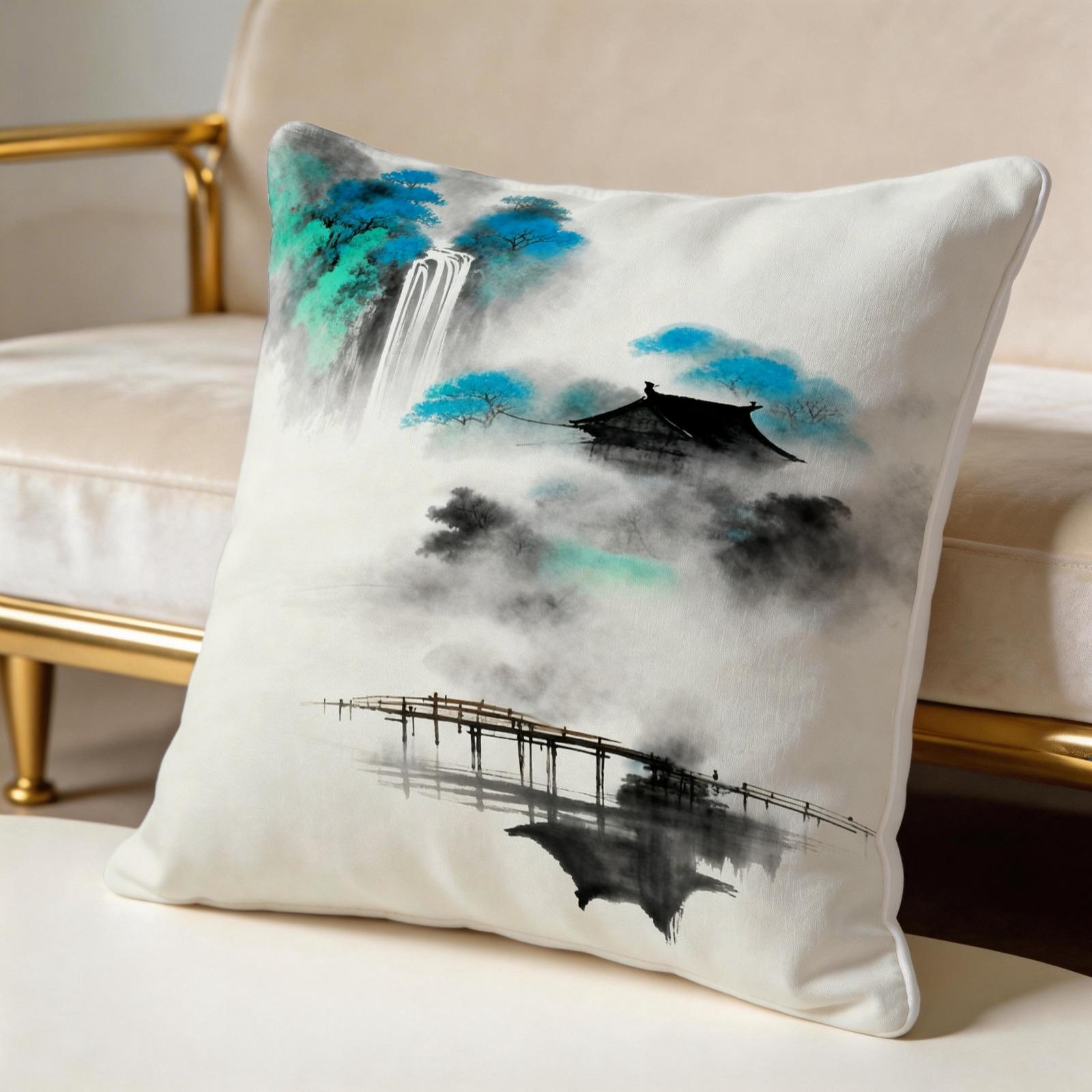1 Pack 18×18 Inch Asian Ink Wash Landscape Throw Pillow, Mountain Scenery Print Decorative Accent Cushion, HD Digital Print Zippered Pillowcase, Non-Fade Home Decor Cushion for Sofa, Bed, Living Room, Bedroom