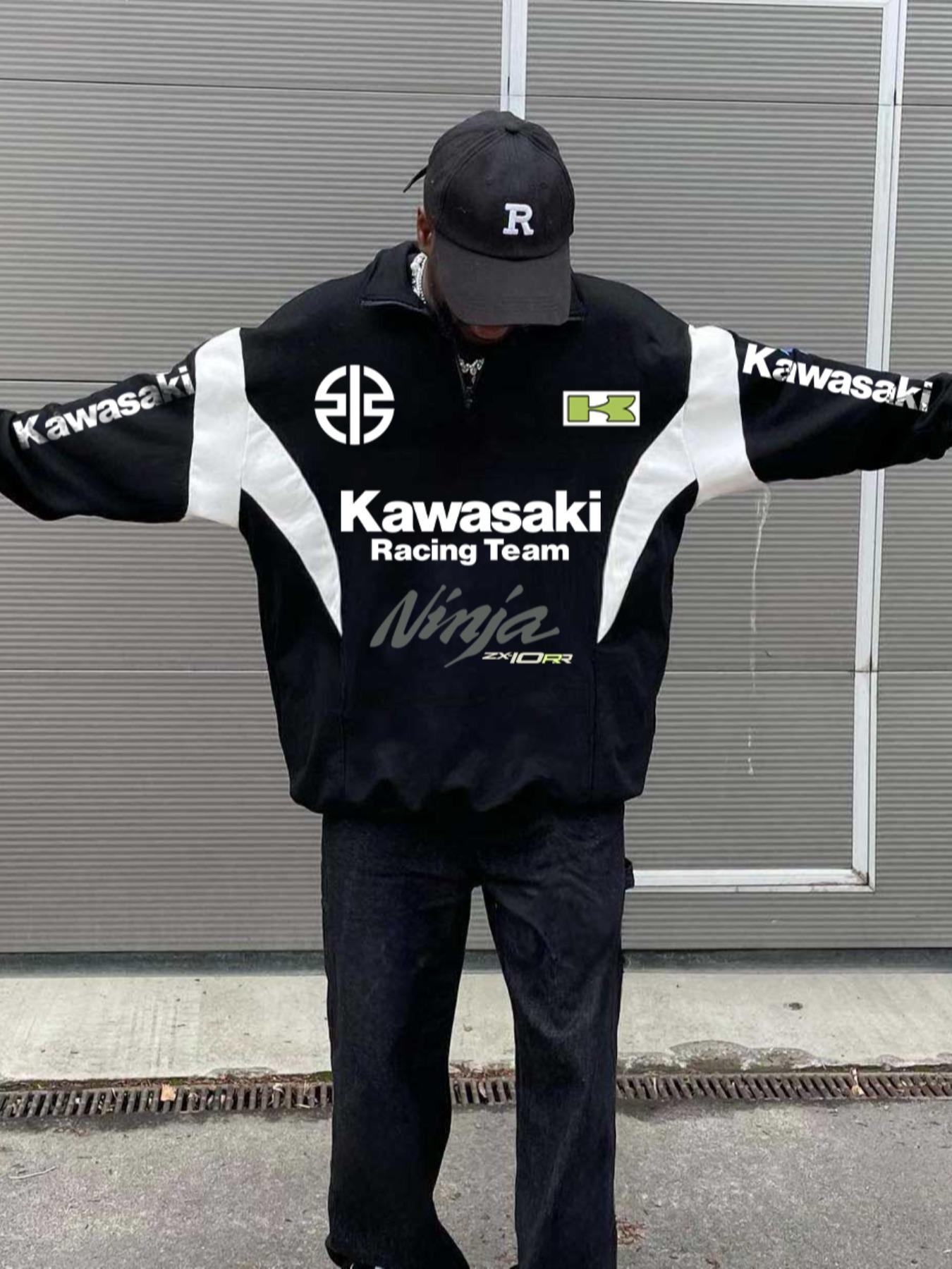 Men's Kawasaki Racing Team Graphic Zip Up Sweatshirt, Regular Fit Casual Fashion Long Sleeve Half Zip Sweatshirt for Daily Wear, Men's Clothes for Fall & Winter, Athletic Sports Clothing
