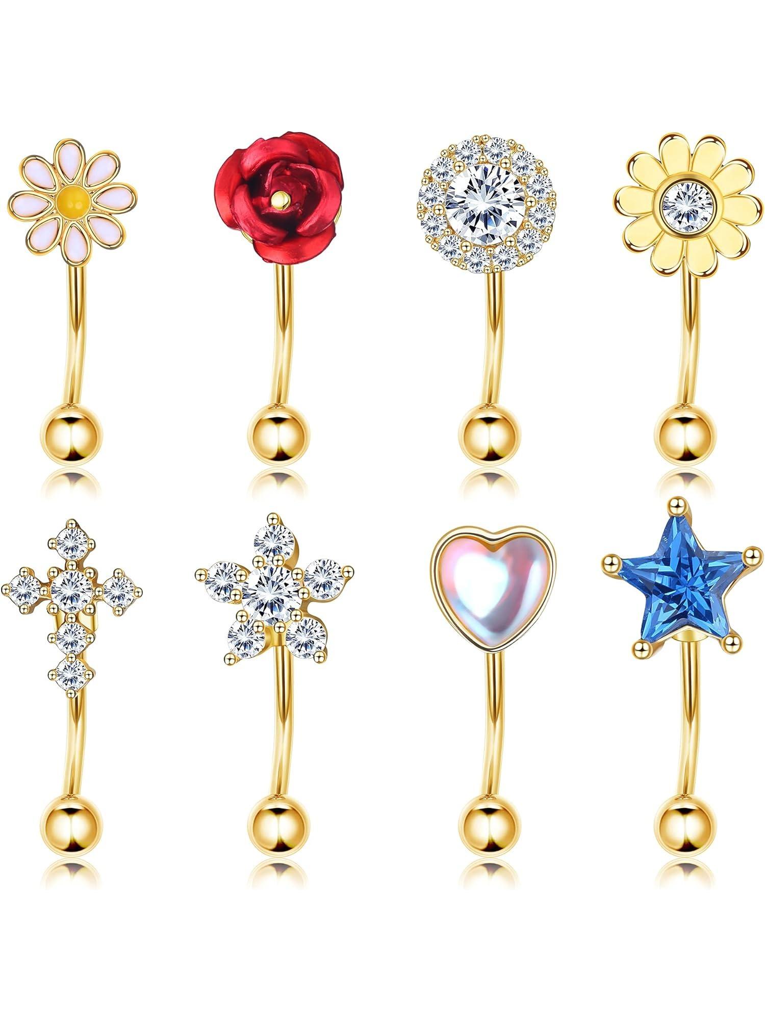 8Pcs Eyebrow Rings Rook Piercing Jewelry for Women Men 16G Surgical Steel CZ Curved Barbell Belly Ring Daith Earrings Tragus Helix Piercings Jewelry