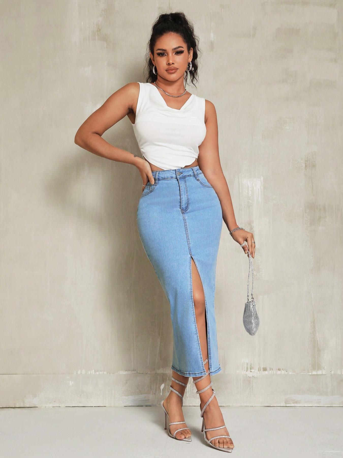 Women's Casual Elastic Front Slit Denim Skirt, Fashionable Comfort Design, Perfect for Daily Wear, Multifunctional Stylish Item