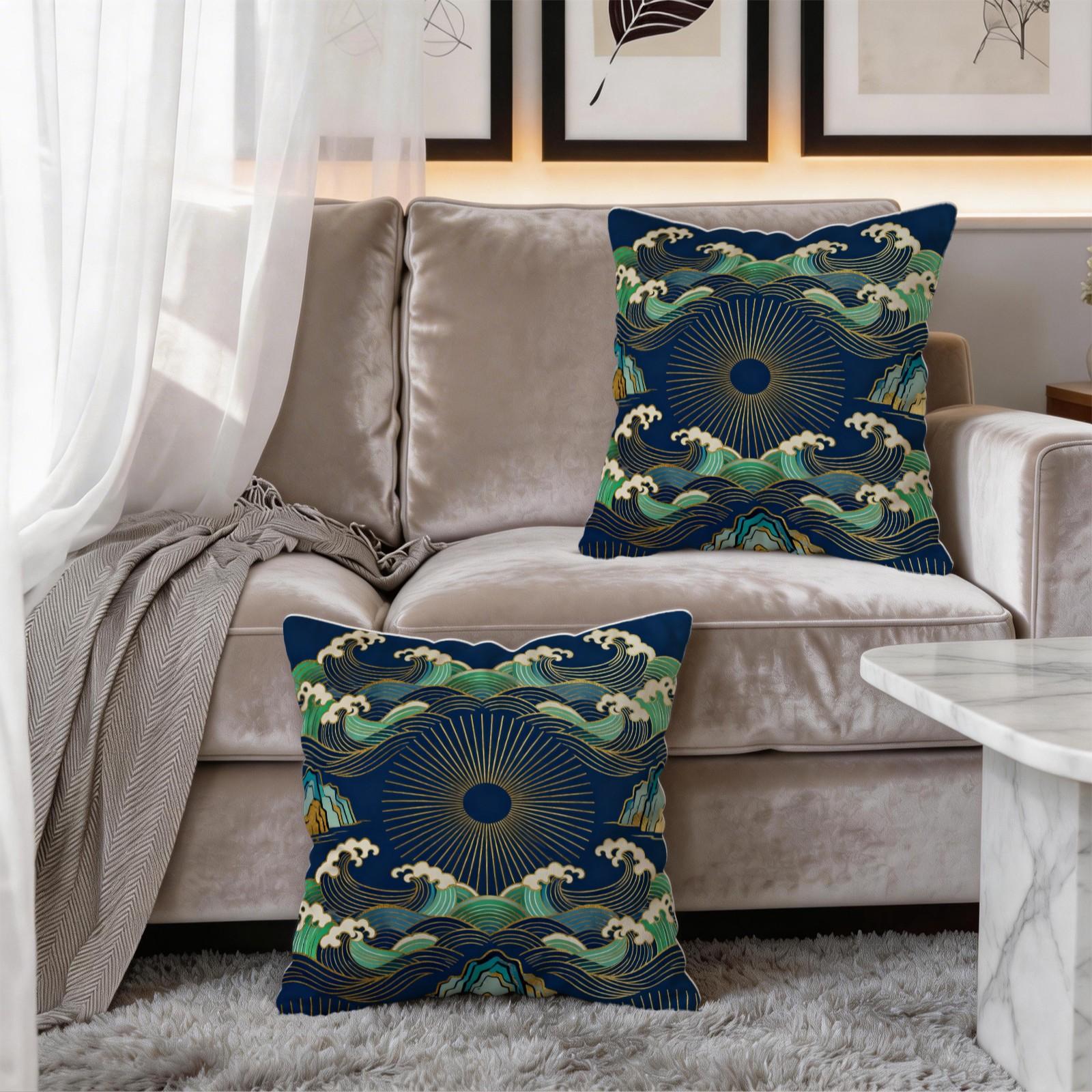 1 Piece Japanese Wave Sun Throw Pillow, Navy Blue Gold Foil Great Wave HD Digital Print Accent Pillow, Soft Plush Cushion with Hidden Zipper, Non-Fade Decor Pillow for Sofa Couch Bed, 18x18 Inch