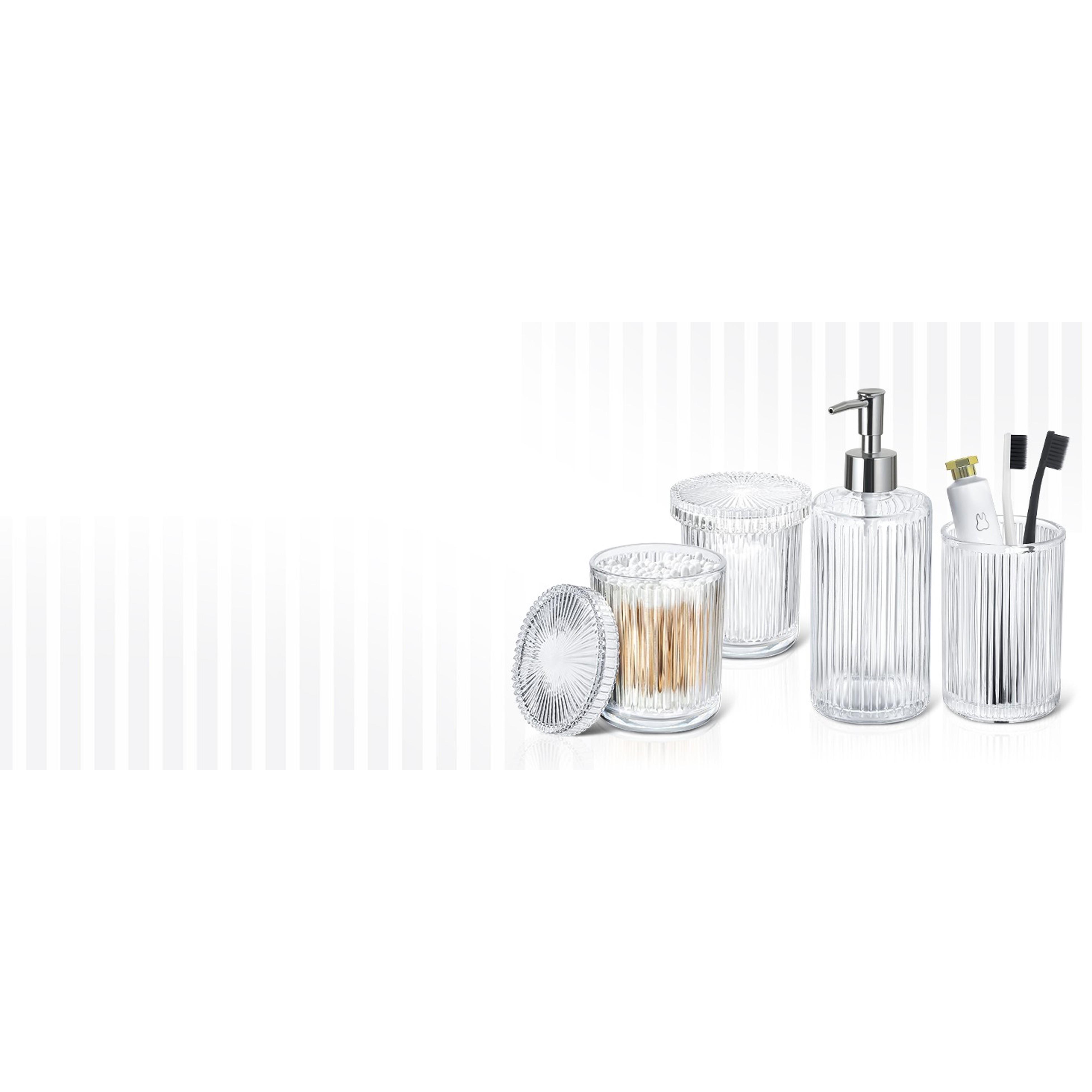 4-Piece Ribbed Glass Bathroom Accessory Set - Silver Modern Counter Decor with Soap Dispenser, Toothbrush Holder, and 2 Qtip Holders, Four Pieces