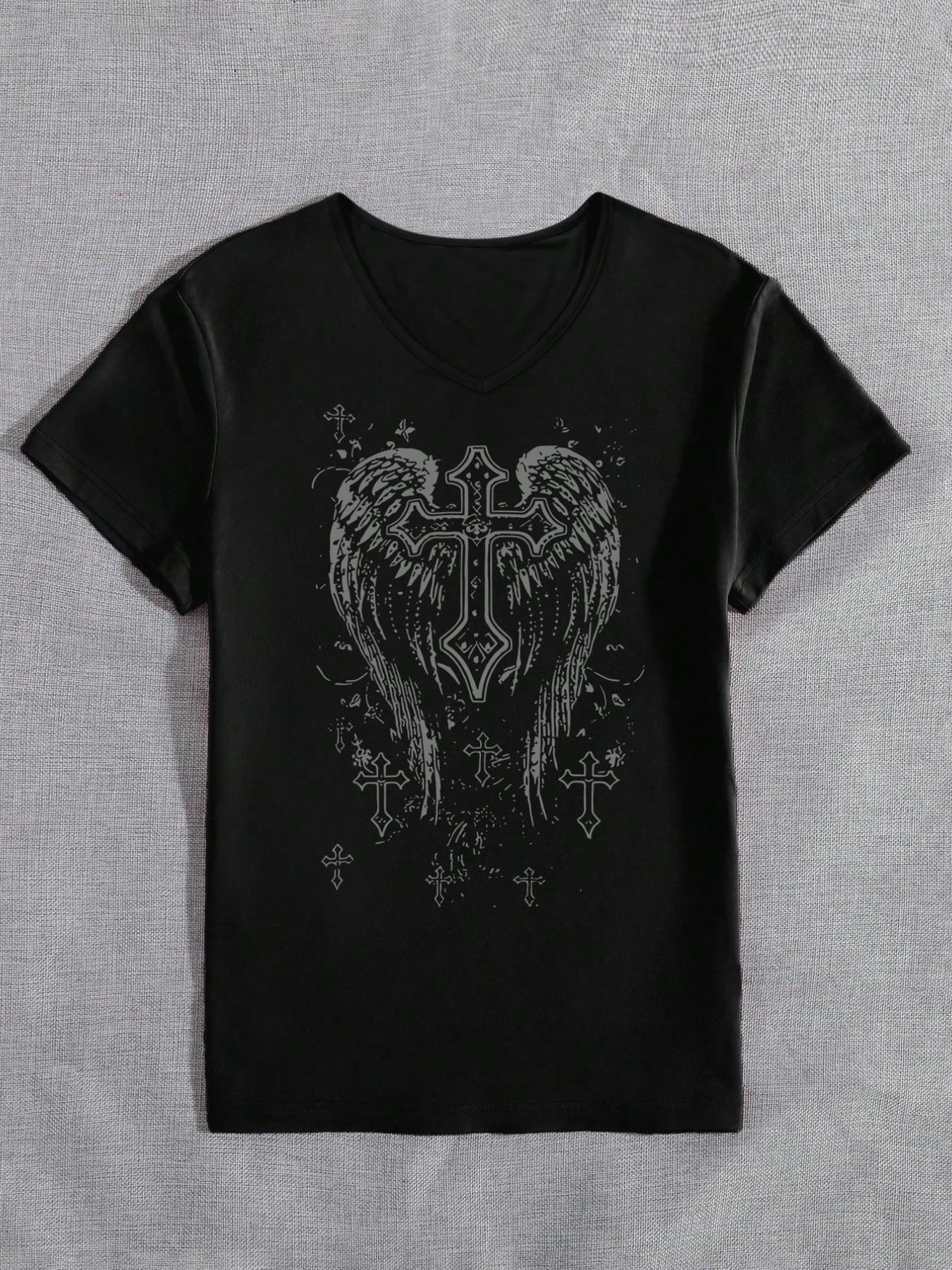 Viral Dark Gothic Winged Cross Graphic V-Neck T-Shirt | Stretchy