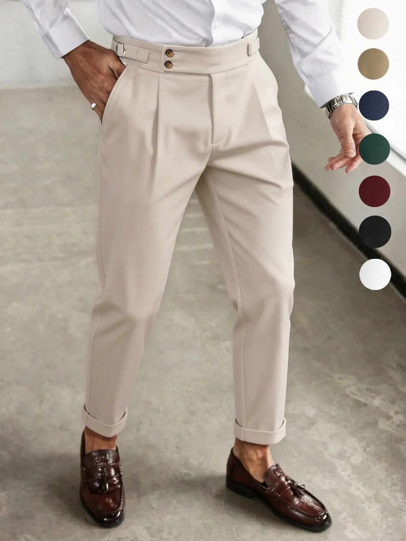 Men's High-Waisted Pleated Suit Pants, Side Button Adjustable Conical Trousers, Comfortable Wrinkle-Resistant, Business Casual Long Pants