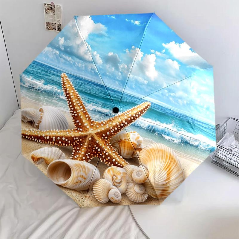 1 PC Automatic Folding Umbrella - Beach Starfish Shells Ocean Waves Pattern, Portable & Foldable Design with 8 Ribs, Merry Christmas Pattern,Casual Outdoor Accessory Halloween and Christmas Birthday Gifts. G00125