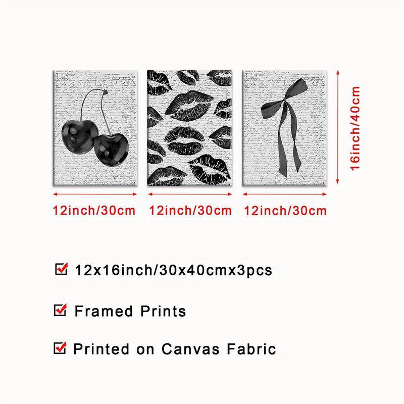3Pcs/Set Wooden Framed Black White Retro Cherry Canvas Poster, Coquette Bow Trendy Wall Art, Aesthetic Design, Preppy Decor, Lips Kiss Prints, Artwork Wall Painting For Gift, Dark Aesthetic, Wall Decor For Bedroom, Living Room, Ready To Hang