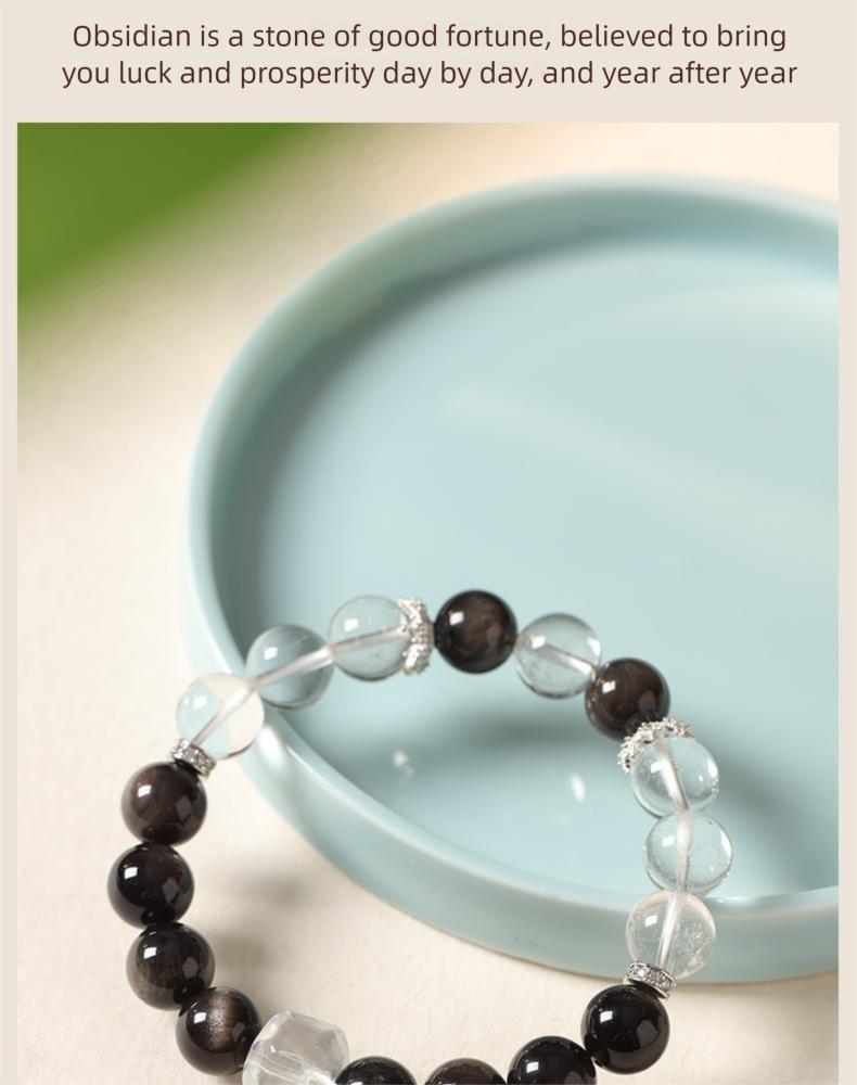 [Tai Chi Balance] crystal bracelet, white crystal silver obsidian, unisex, daily wear gift, 10mm beads natural stone, yin yang balance peace symbol