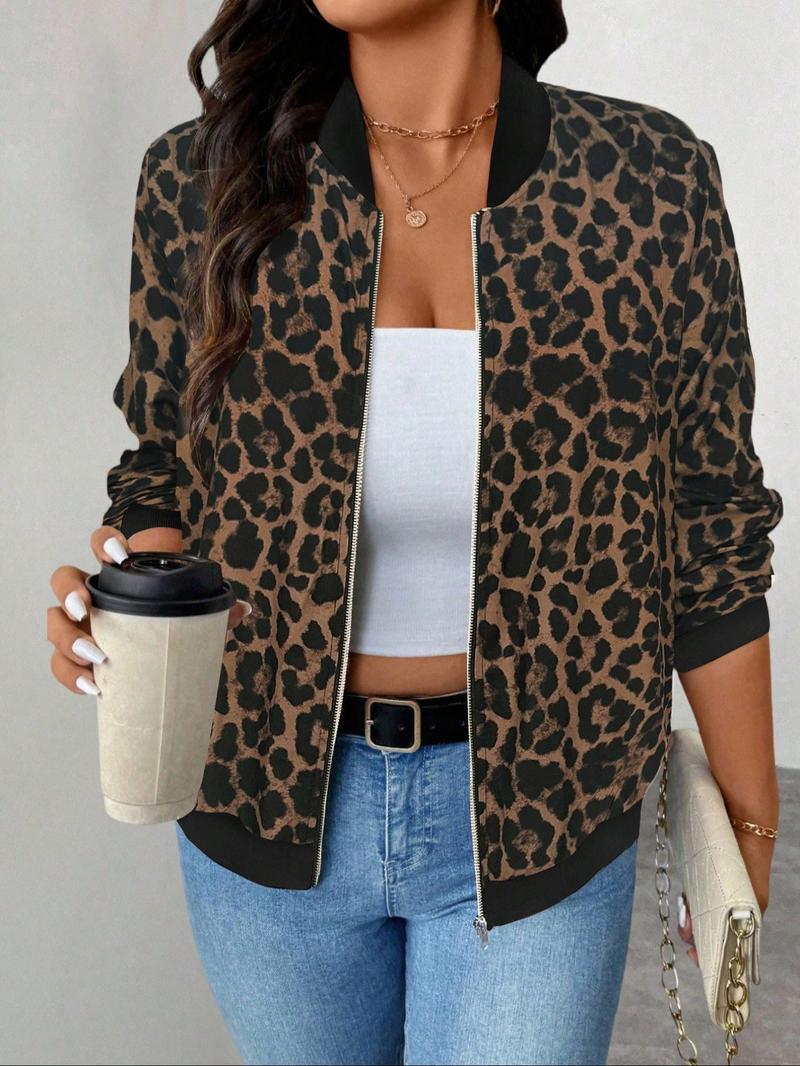 Plus Size Women Lightweight Long Sleeve Zipper Casual Leopard Print Baseball Jacket, Comfortable and Stylish Outerwear for Everyday Wear