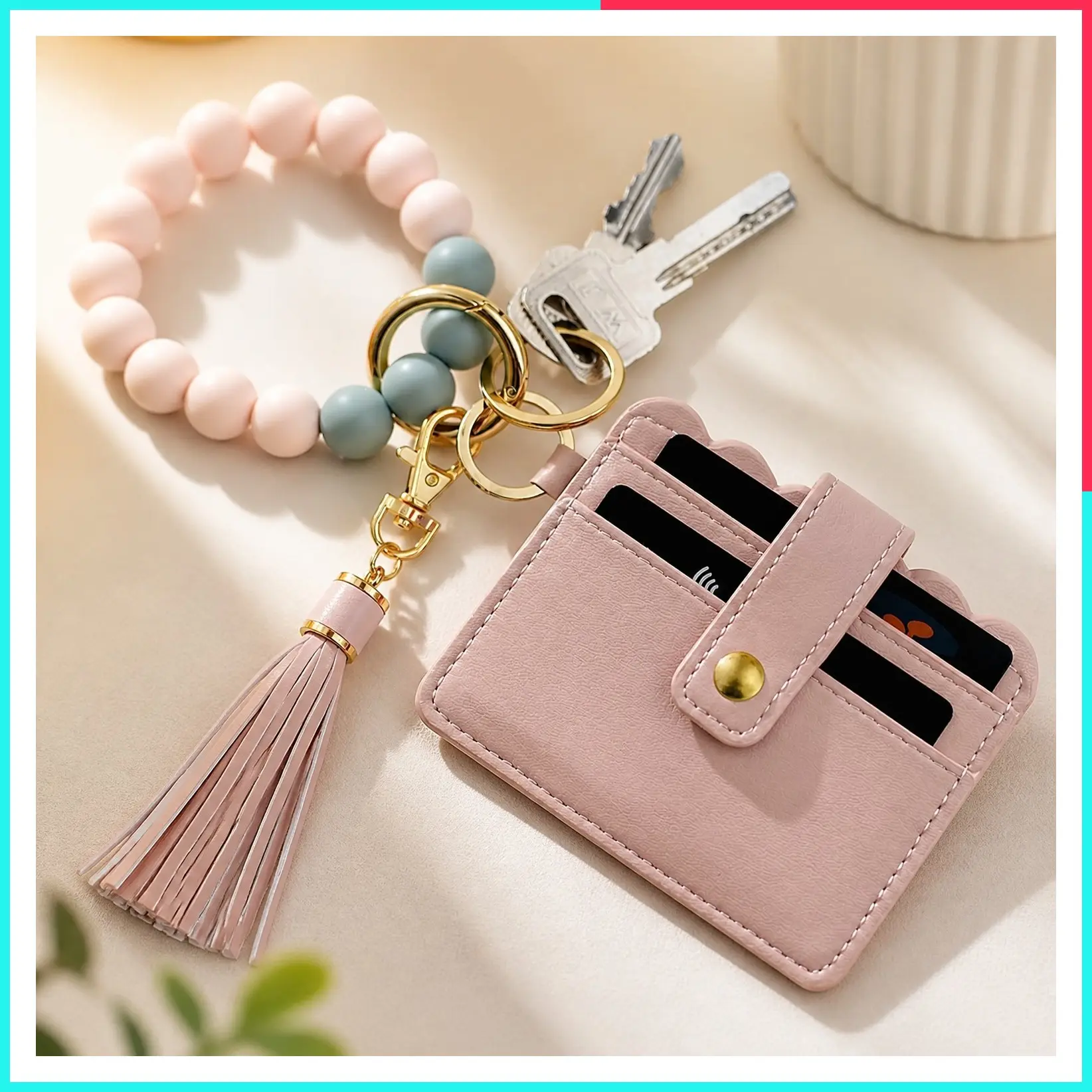 Women's Keychain Wallet Wristlet with Credit Card Holder, Bracelet Key Ring, Tassel Beads Bangle Purse Charm