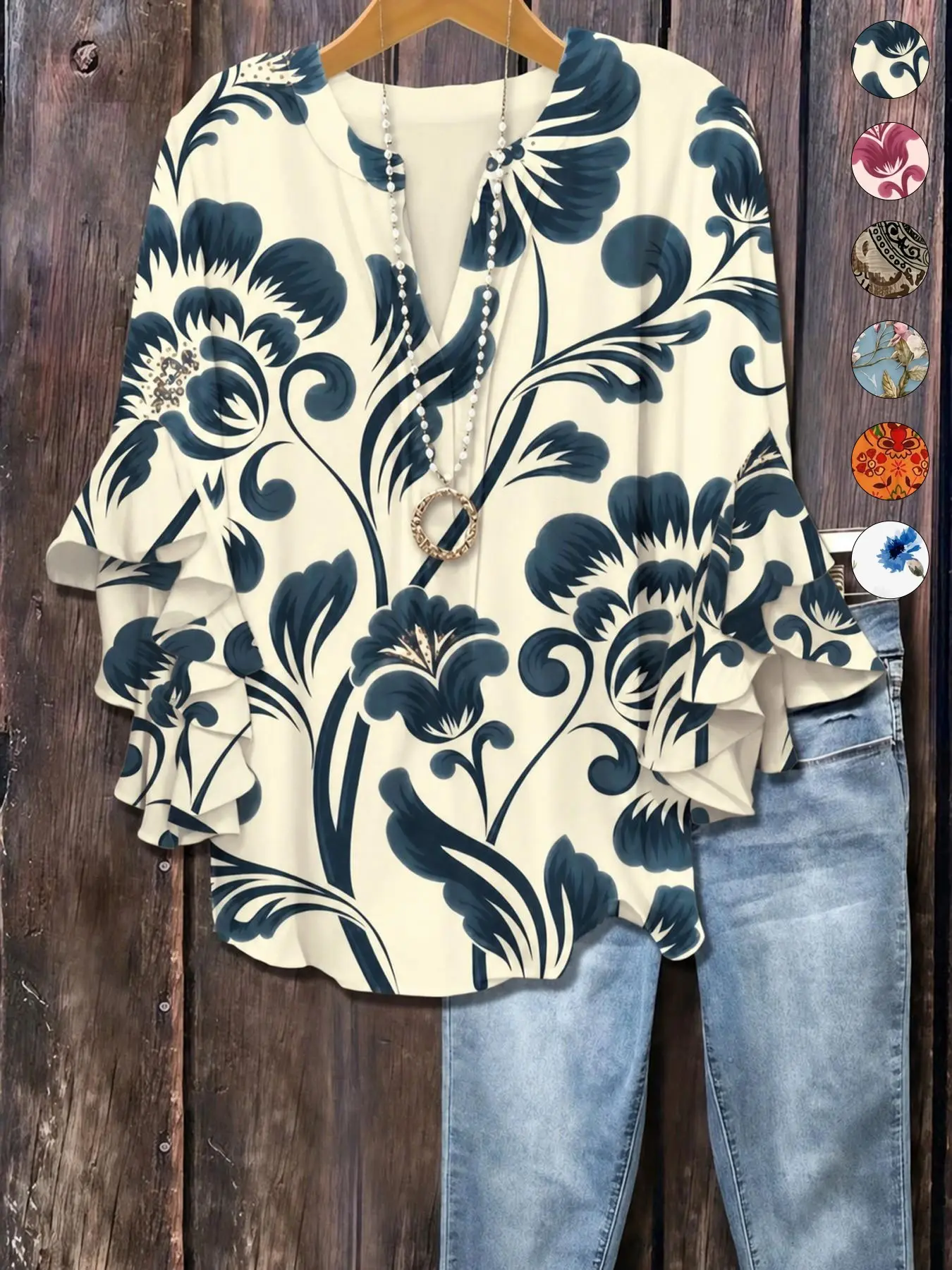 Plus Size Floral Print Flounce Sleeve Ruffles Blouse, Casual Loose-Fit Notched-Neck Top, Summer Wear, Trendy Bohemian Shirts, Comfortable Relaxed-Fit Blouse, Stylish Elegant Top for Parties, Boho Fashion Top