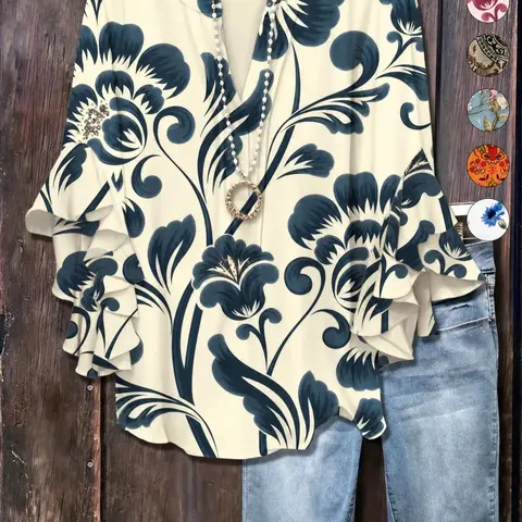 Plus Size Floral Print Flounce Sleeve Ruffles Blouse, Casual Loose-Fit Notched-Neck Top, Summer Wear, Trendy Bohemian Shirts, Comfortable Relaxed-Fit Blouse, Stylish Elegant Top for Parties, Boho Fashion Top