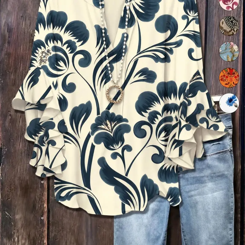 Plus Size Floral Print Flounce Sleeve Ruffles Blouse, Casual Loose-Fit Notched-Neck Top, Summer Wear, Trendy Bohemian Shirts, Comfortable Relaxed-Fit Blouse, Stylish Elegant Top for Parties, Boho Fashion Top