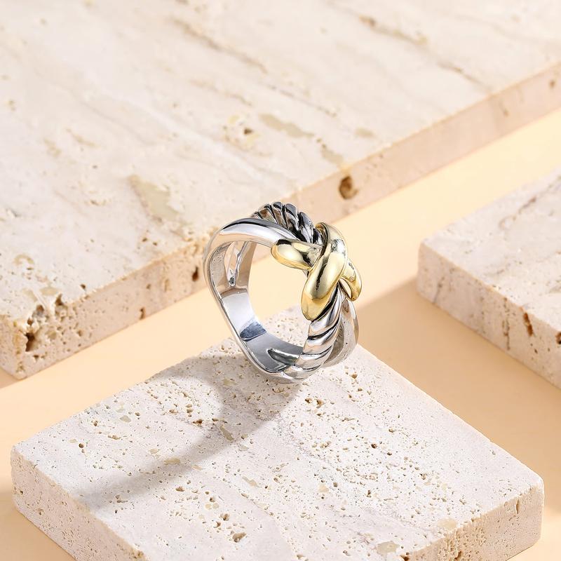 Mytys Butterfly Two-Tone Cross Rings Fashion Statement Ring X Chunky Vintage Twisted Cable Wire Hollow Ring Jewelry Gifts for Women Girl