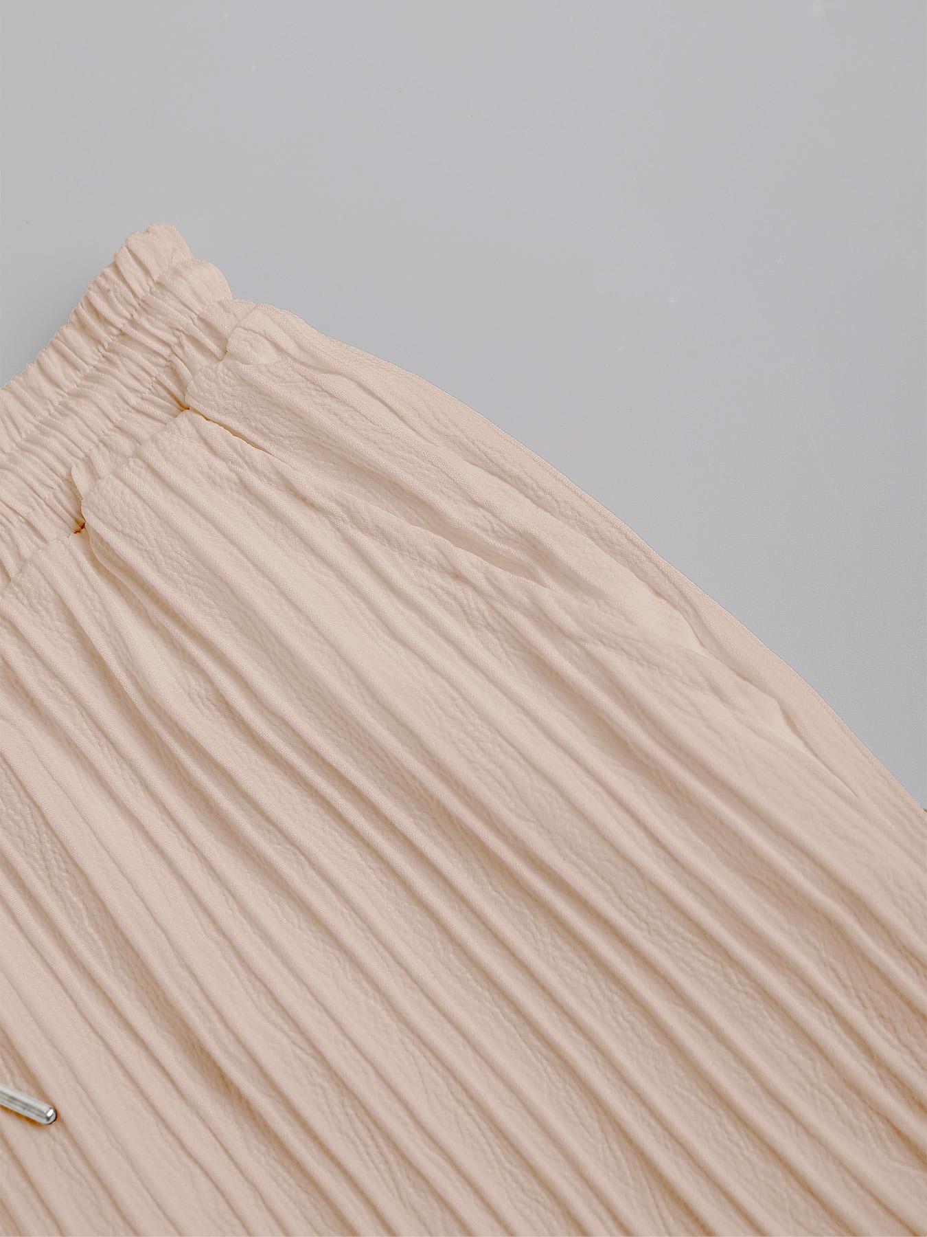 Men's Beige Textured 2Piece Casual Set, Loungewear - Short-Sleeve V-Neck Cardigan (with Vertical Pleats & Button Closure) + Matching Drawstring Pants (Coordinating Pleated Fabric), Oversized Fit, Ideal for Summer Daily Casual, Café Lounging & Weekend Out