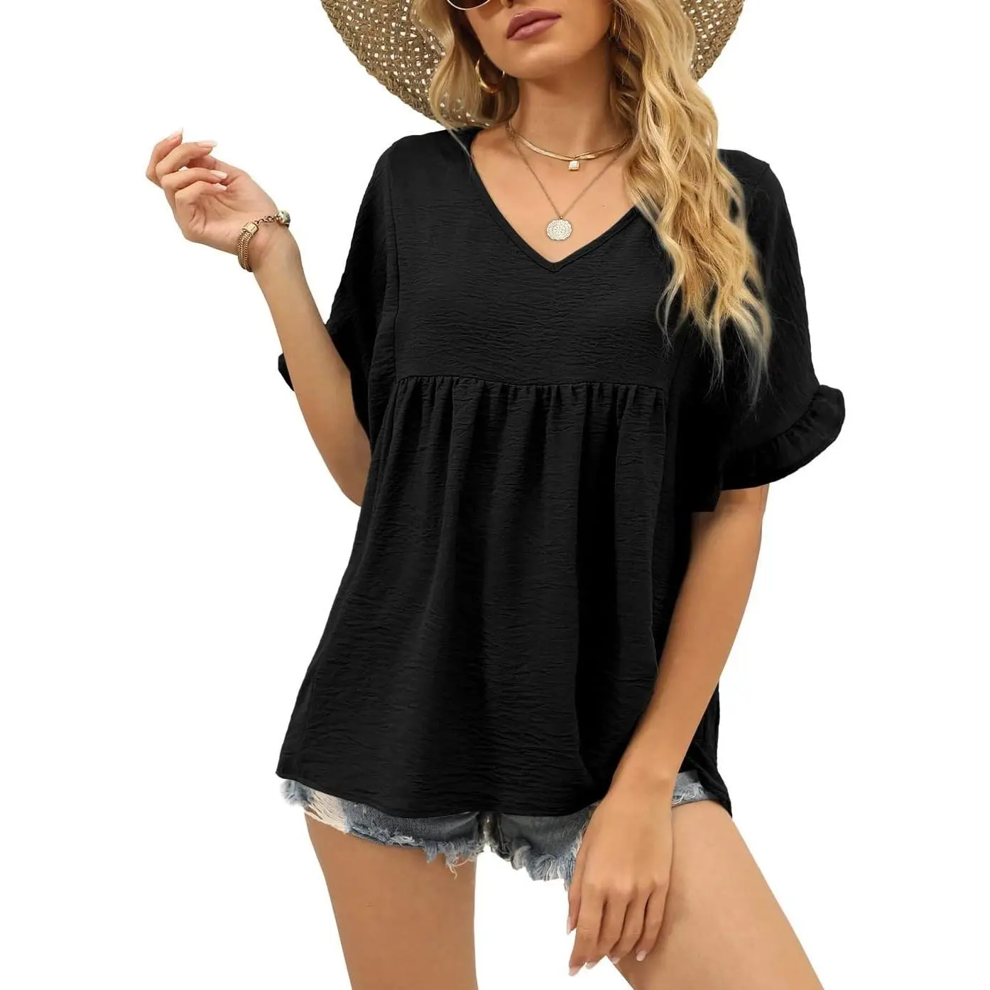 Womens Casual V Neck Ruffle Sleeve Babydoll Peplum T-Shirt Loose Fit TopGift