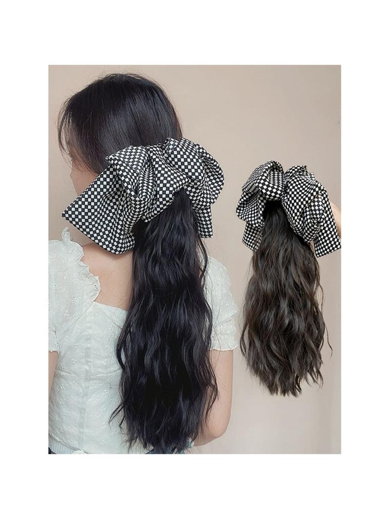 Long Wavy Claw Clip On Black White Bow Hair Extensions Pony Tail Hairpiece Lady Wigs for Women Wig Ponytail Bow Hair Accessories Girls Grab Clip Water Ripple Ponytail Braid High Value Wig Human Hair(Dark Brown,Black Bow)