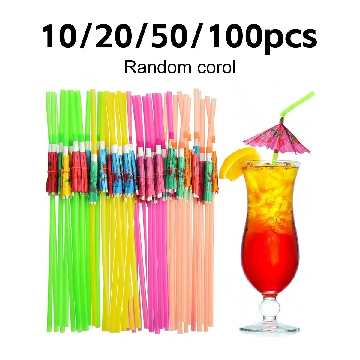 Reusable Umbrella Cocktail Straws, Hawaiian Party Style Juice Straws, Beach Bar Decor, Plastic Material, Random Colors and Patterns