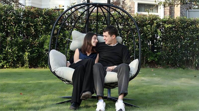 【Valentine's Day gift】Double Hanging Egg Chair with Cushion, 700lbs Capacity - Foldable Patio Chair with Handwoven PE Wicker & Rust-Proof Frame, for Garden, Porch, Backyard Soft Lounge Swing