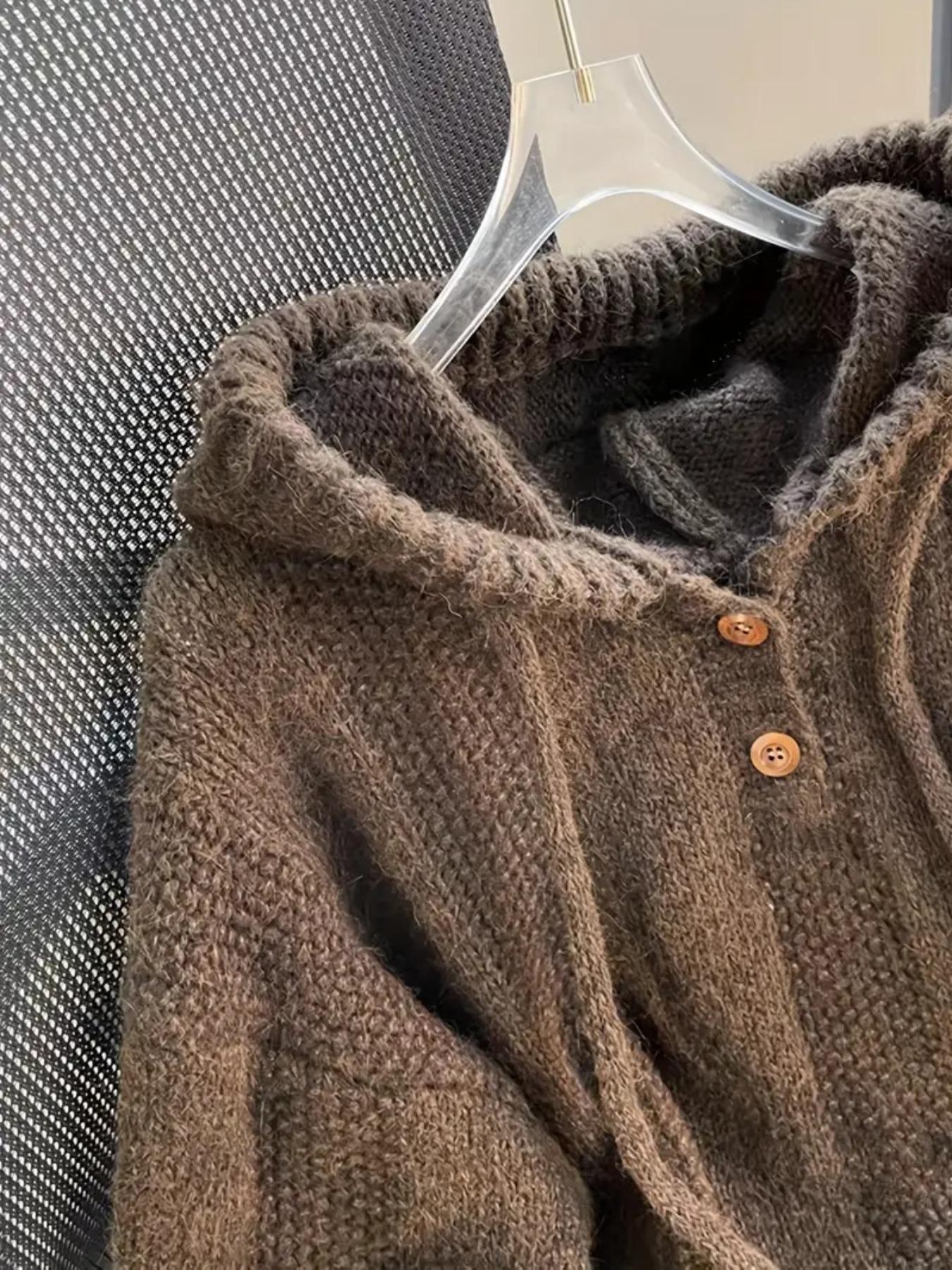 Women's Oversized Hooded Button Up Drawstring Adjustable Long Sleeve Pullover Sweater Autumn/Winter Casual Solid Color Warm Thick Chunky Cozy Soft Jumper Sweater Top, Women Fall Outfit, Winter Sweater for Women, Garment, Womenswear