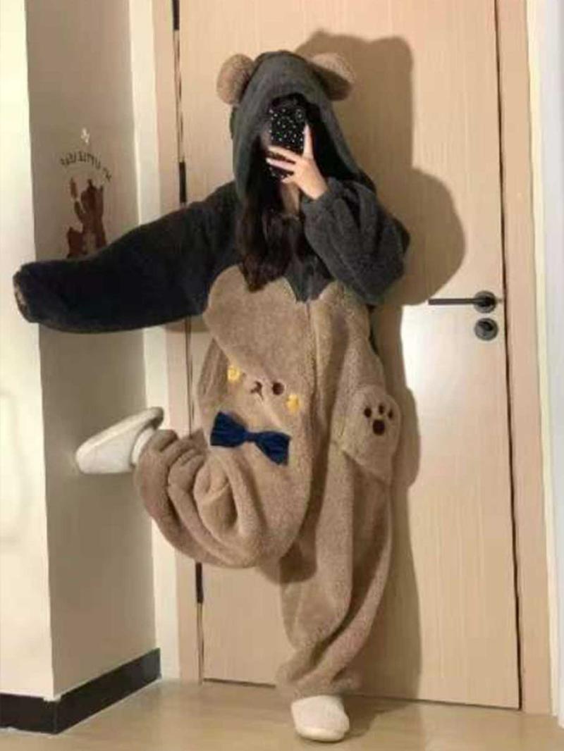 1pcs Women's Cute Cartoon Bear Hoodie Dress, Unicorn Design Winter Role Play Onesie, Christmas Party Casual and Pajamas