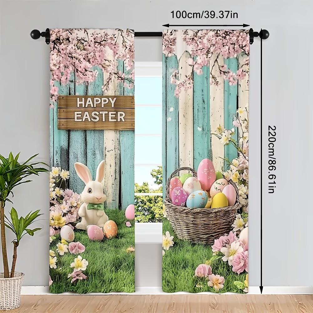 2-piece set of spring Easter pastoral rabbit Easter egg curtains, living room and bedroom decorative curtains, semi transparent polyester fabric, preferred for children's room curtains, year-round home decoration