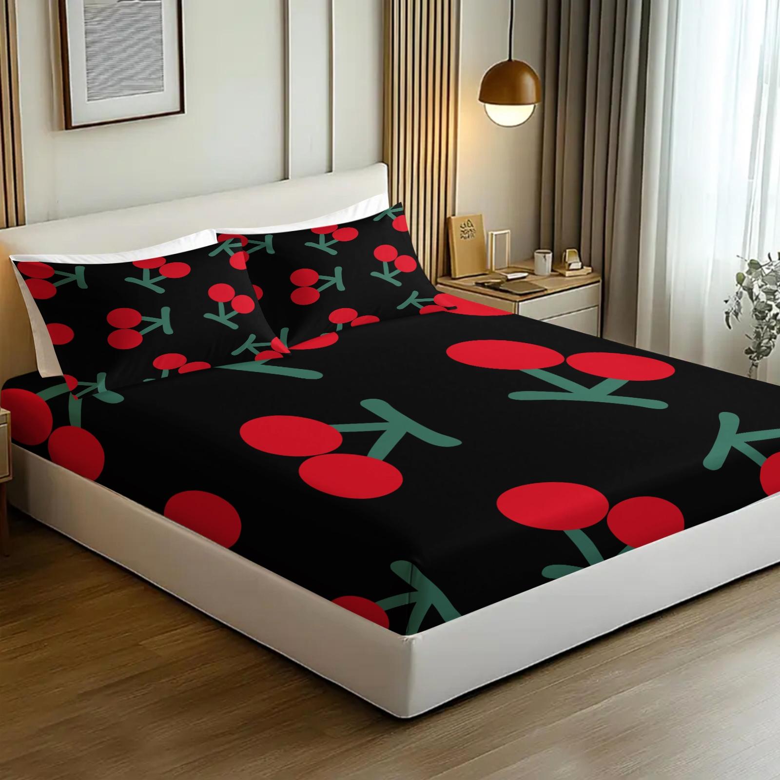 3 Pcs Compact Cherry Pattern Printed Bed Sheet Set,Includes 1 Fitted Sheet & 2 Pillowcases without Filler,Cute and charming design, soft and comfortable, suitable for all seasons,A perfect gift for children and teenagers, multiple styles available.