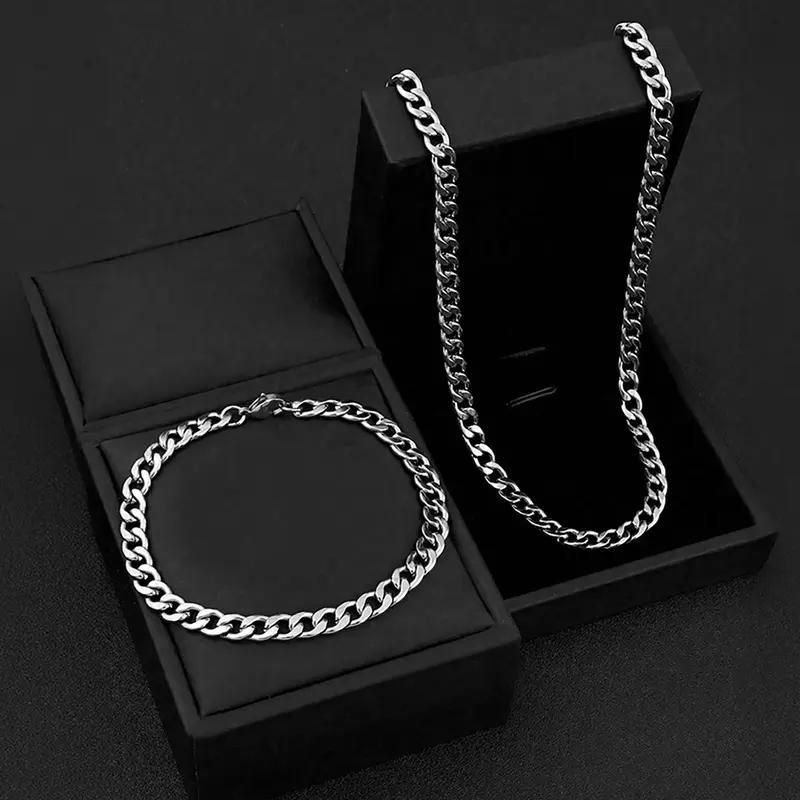 2 Piece Men's Minimalist Stainless Steel Chain Necklace and Bracelet Matching Jewelry Set, Hip Hop Fashion Jewelry for All Seasons, Perfect Gift for Christmas Valentine's Day and New Year, Jewellery