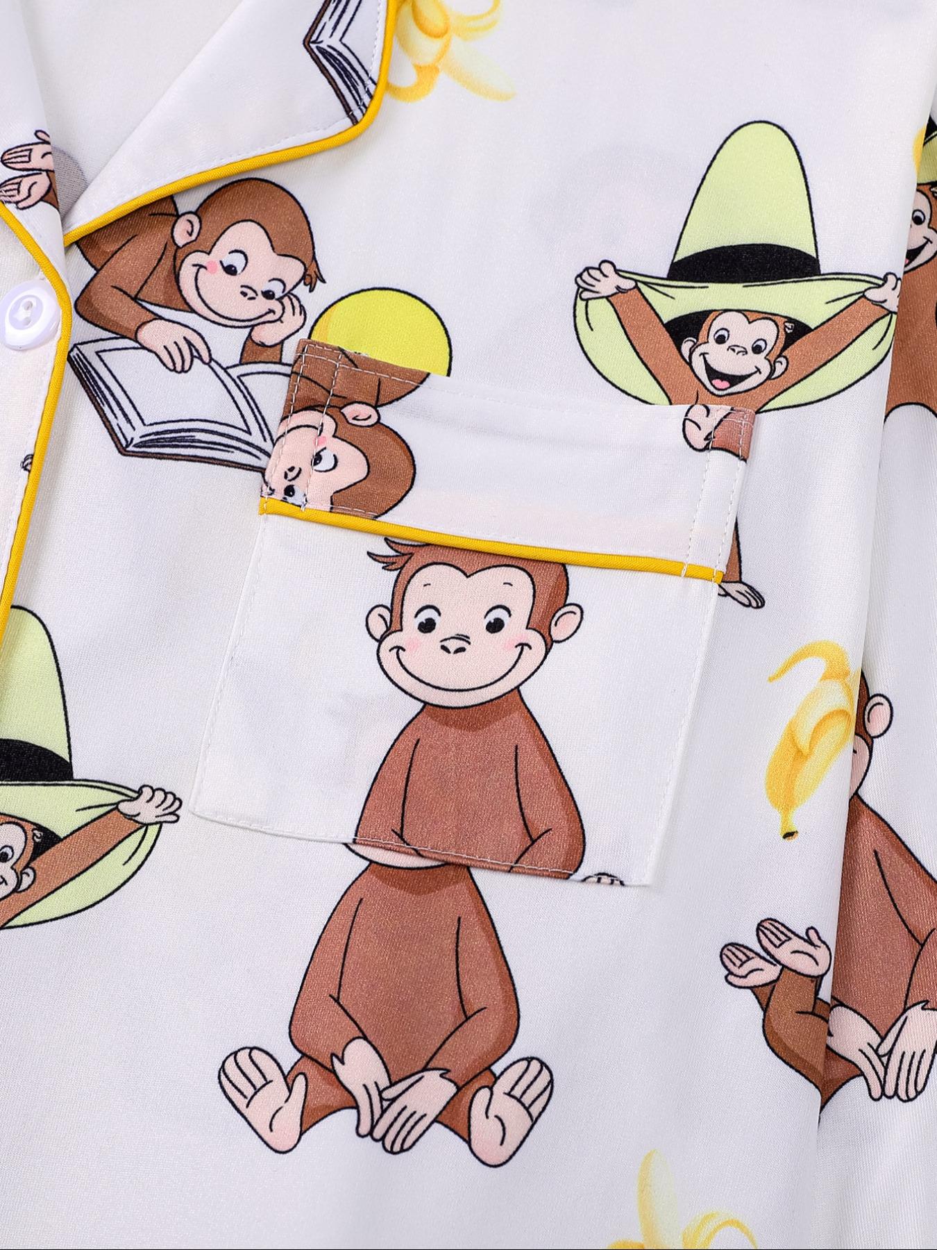 Women's Monkey Banana Print Pajama Set Pjs, Comfortable Long Sleeve Button Shirt & Elastic Pants, Casual Home Wear Loungewear for All Seasons