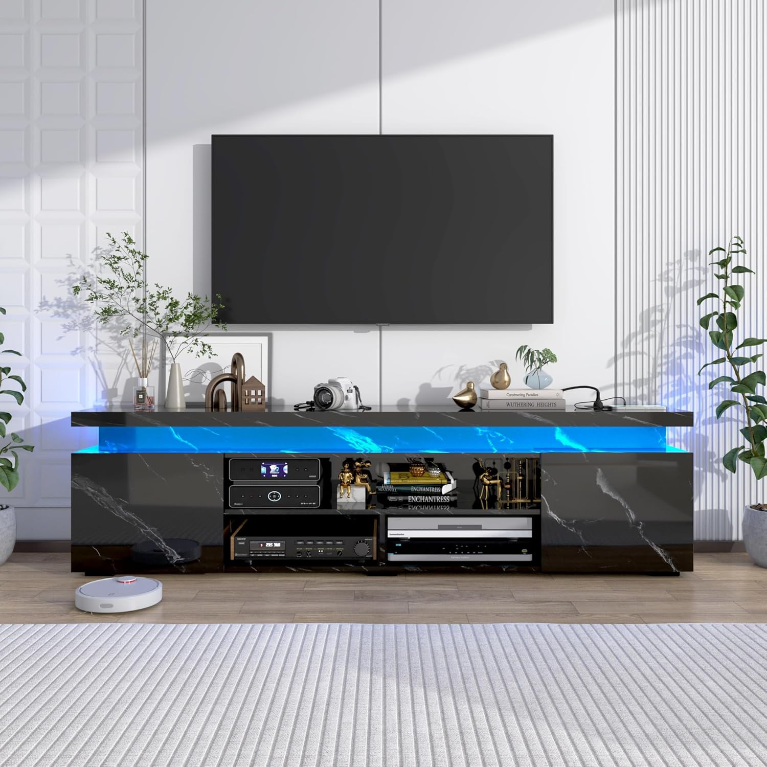 LED TV Stand for 75/85/95 Inch TV,66/73/83 Inch Modern Gaming TV Stand with Power Outlet, High Gloss TV Console Entertainment Center with Storage for Living Room, Bedroom